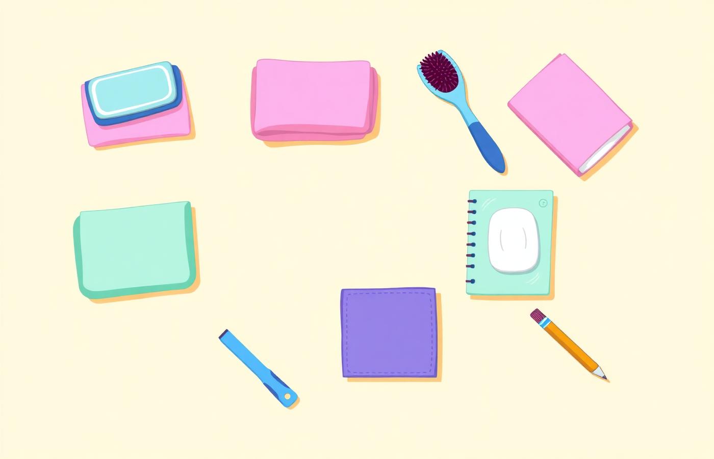Monochrome flat lay illustration of a care kit with folded cloth, soap and a handwritten note