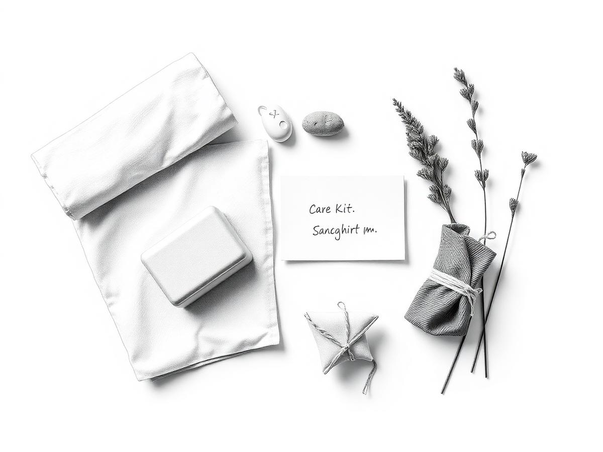 Monochrome flat lay illustration of a care kit with folded cloth, soap and a handwritten note